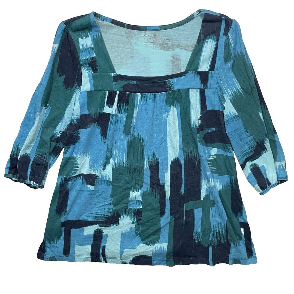 Sonoma Life + Style Abstract Print 3/4 Sleeve Blouse Women's Blue Square Neck XL